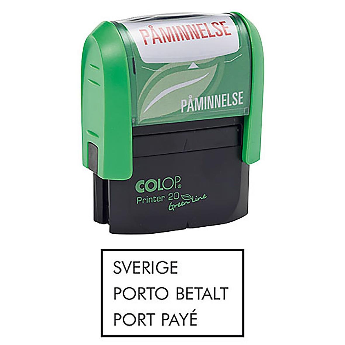 Grön stämpel Colop Green Line 20/L med text PÅMINNELSE och porto betalt