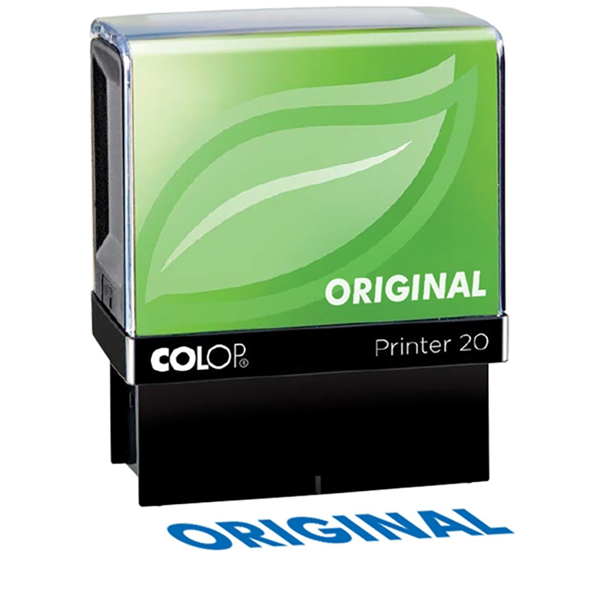 Colop Green Line 20/L original stämpel med grönt bladmotiv och blå originalstämpling