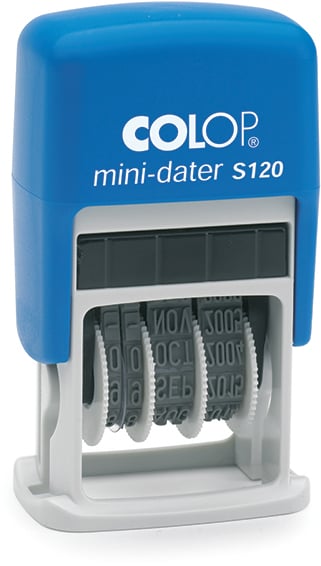 Blå Colop S120 datumstämpel med roterande datumhjul