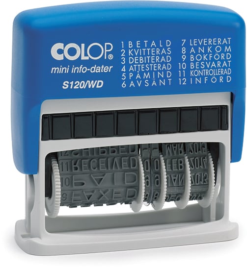 Blå Colop S120/WD stämpel med datum och text, kompakt design
