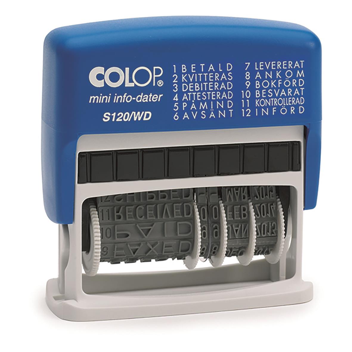 Blå Colop S120/WD stämpel med datum och text, kompakt design
