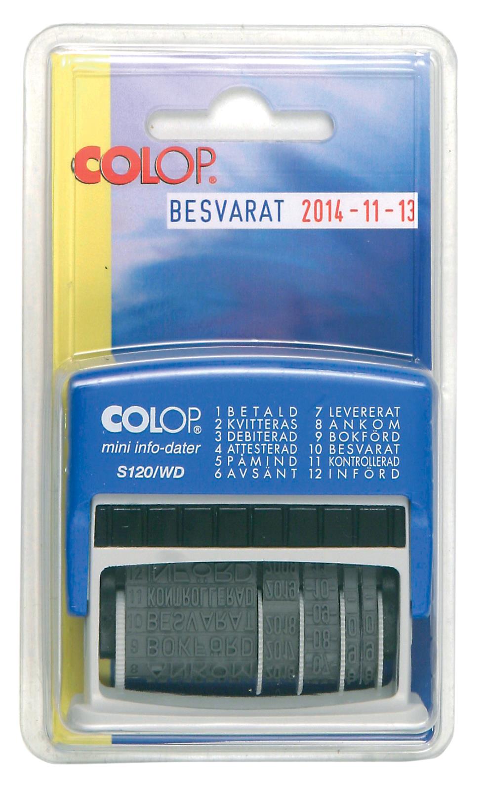 Stämpel Colop S120/WD med datum och text, i plastförpackning