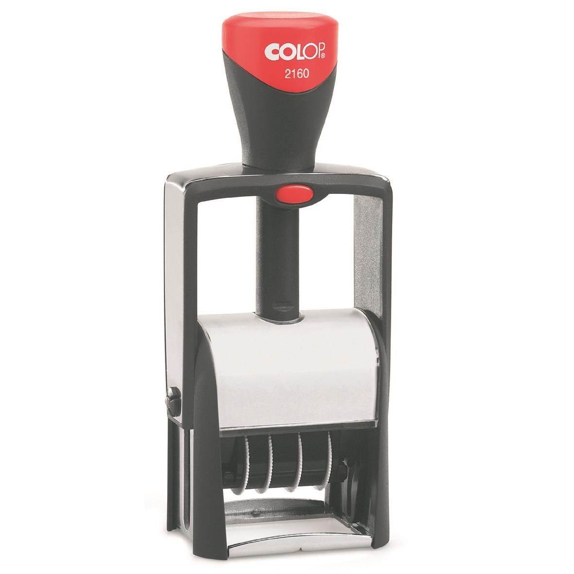 Röd och svart stämpel med text COLOP 2160 och en metallram