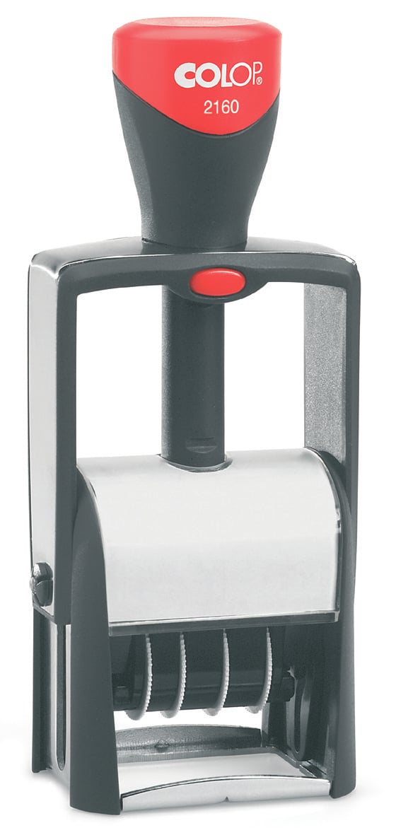 Röd och svart stämpel med text COLOP 2160 och en metallram