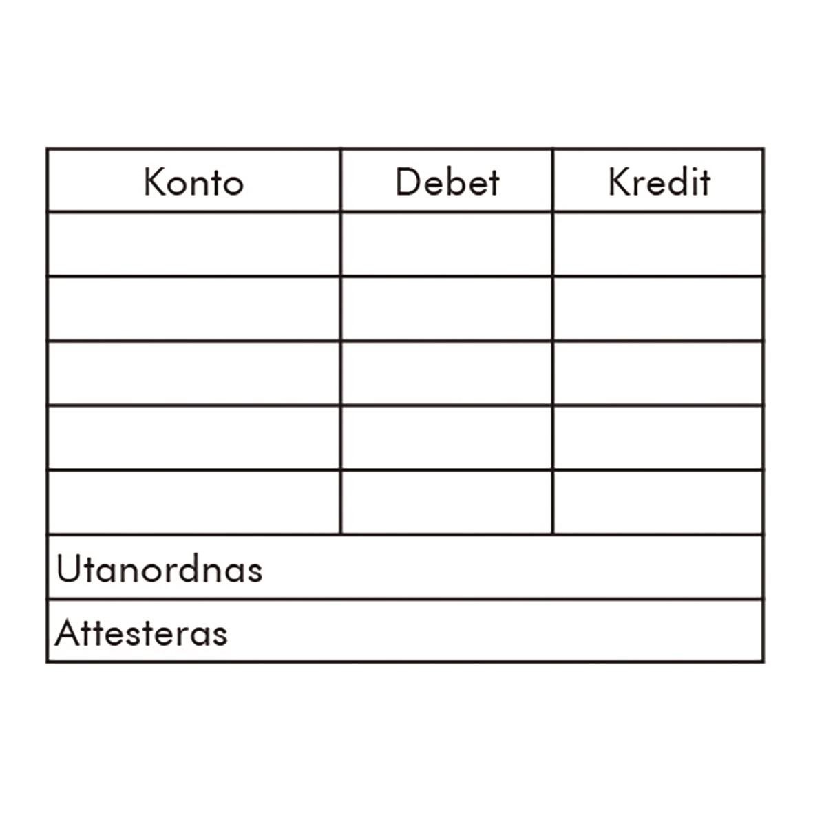 Svart stämpel Colop EOS Kontering UG5 med rader för konton, debet och kredit samt anteckningar