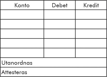 Svart stämpel Colop EOS Kontering UG5 med rader för konton, debet och kredit samt anteckningar