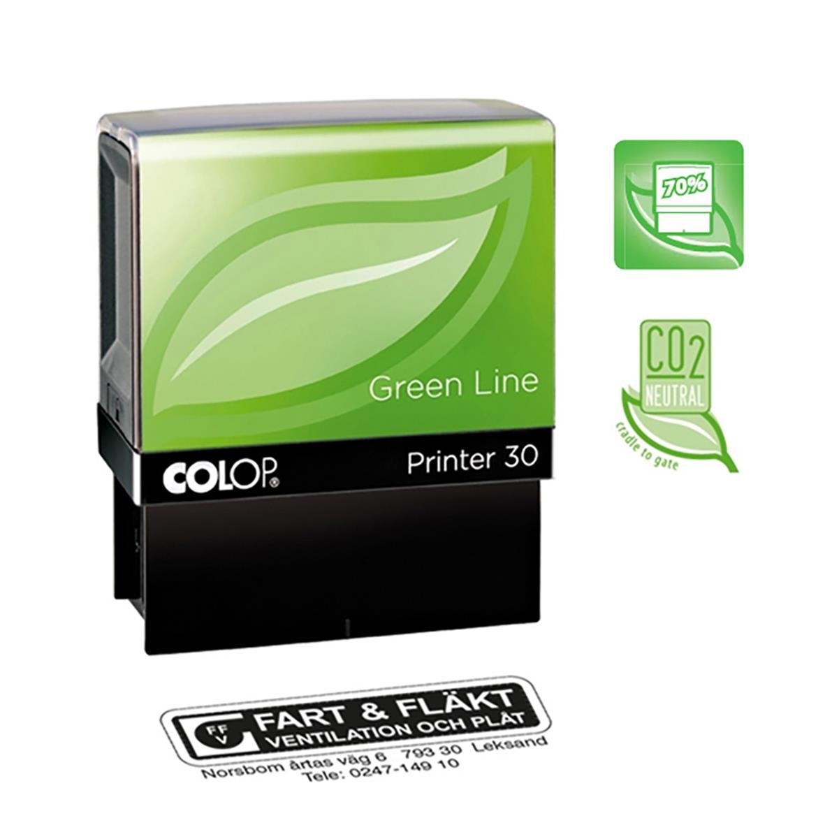 Grön stämpel Colop Green Line 30 47x18mm med miljömärkningar och text