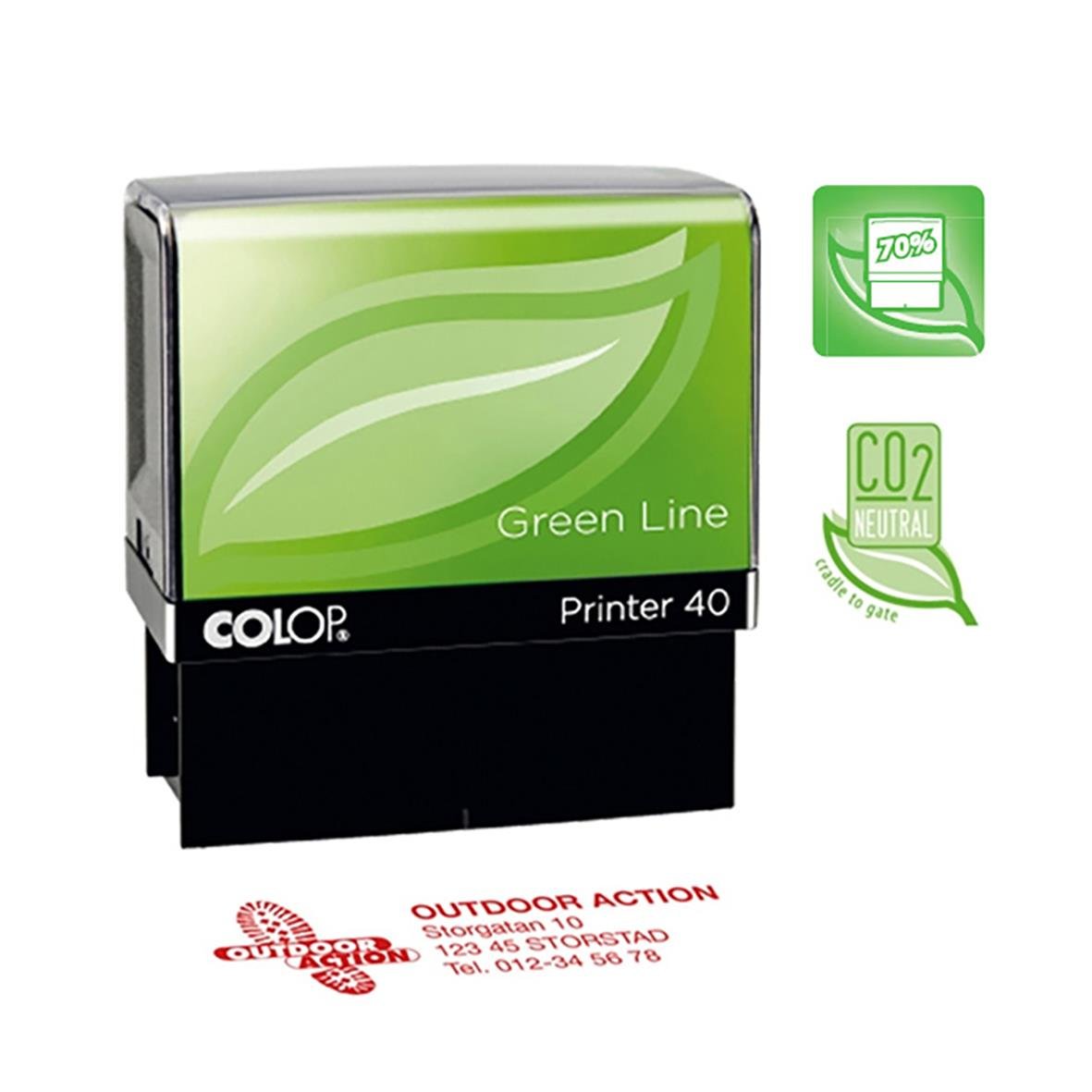Colop Green Line 40 stämpel med grönt bladmotiv och CO2-neutral märkning