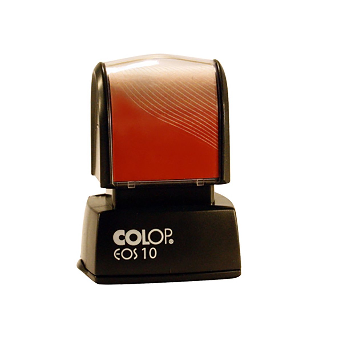 Stämpel Colop EOS 10 27x12mm i svart och rött med öppnad stämpelfläck