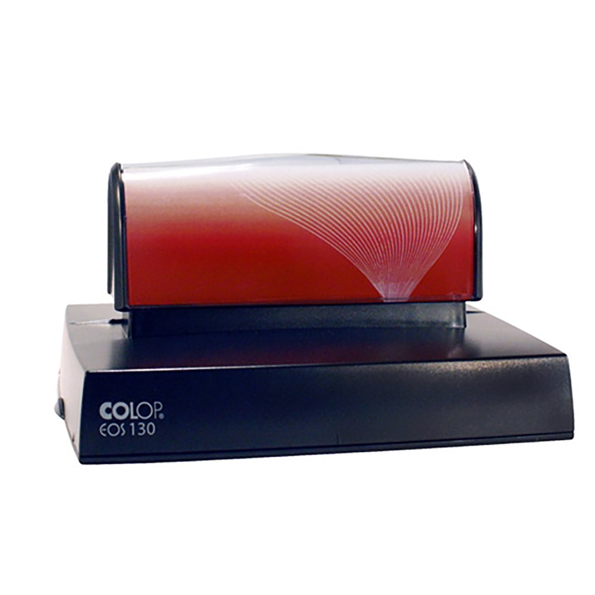 Colop EOS 130 stämpel med rödt tryckhuvud och svart bas, storlek 114x89mm