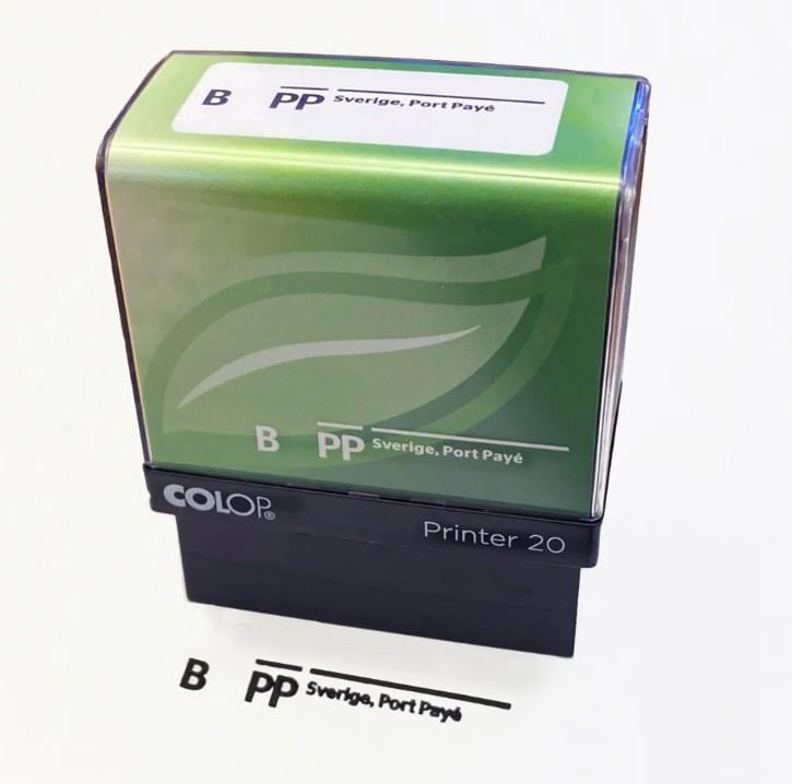 Grön Colop B Ekonomistämpel för brev med texten Sverige, Port Paye