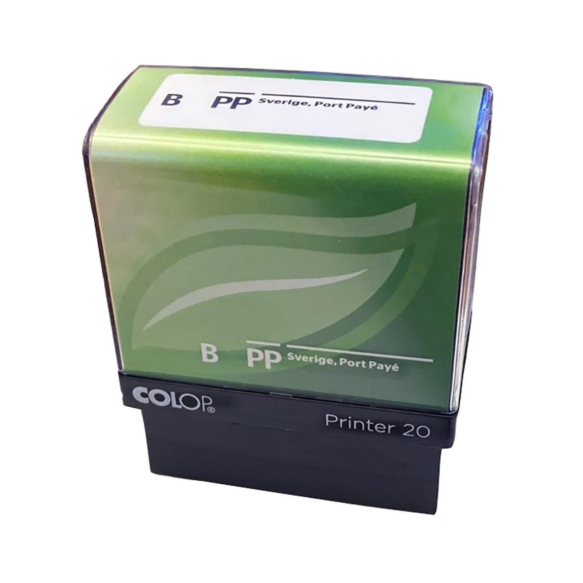 Grön Colop B Ekonomistämpel för brev med texten Sverige, Port Paye