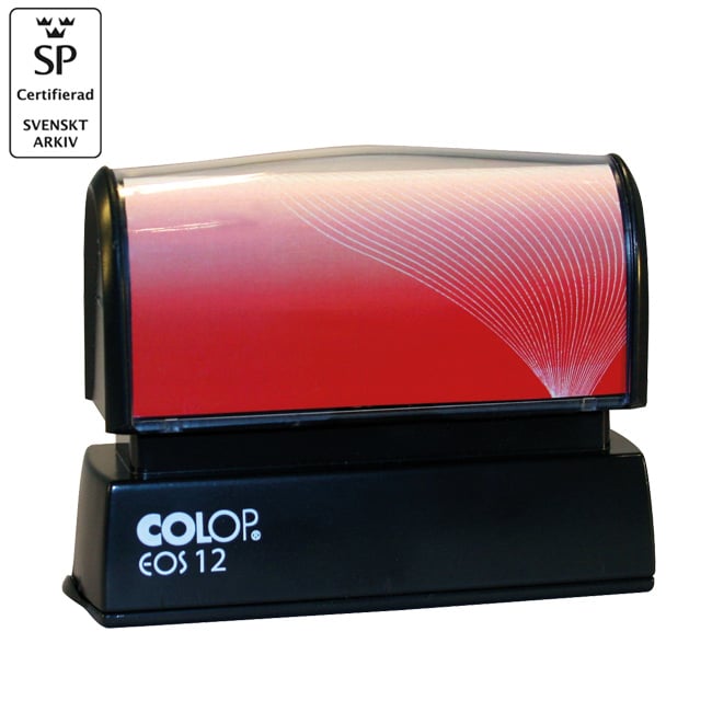 Svart stämpel Colop EOS 12 64x8mm med röd tryckyta