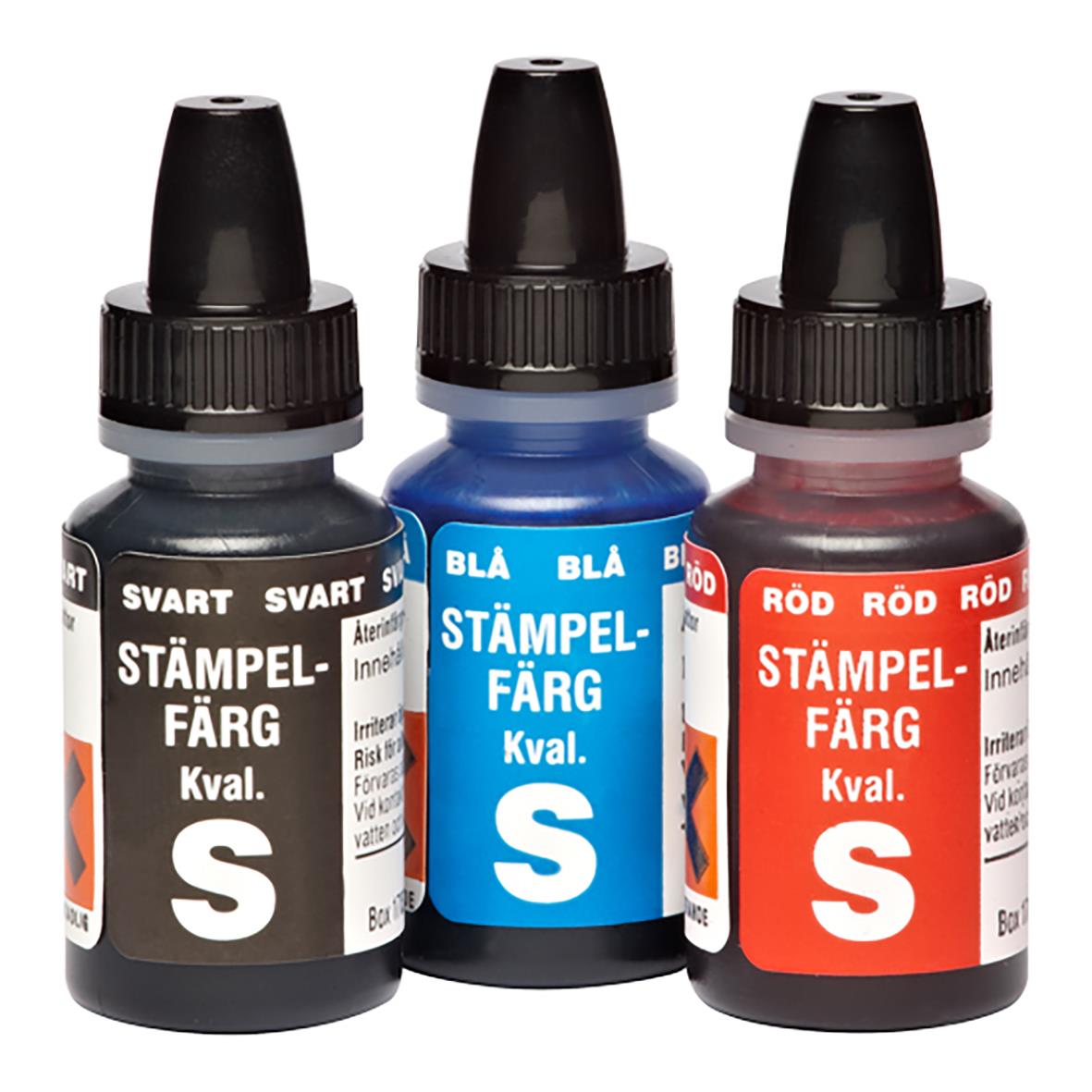 Tre stämpelfärgburkar i svart, blå och röd färg med svarta lock