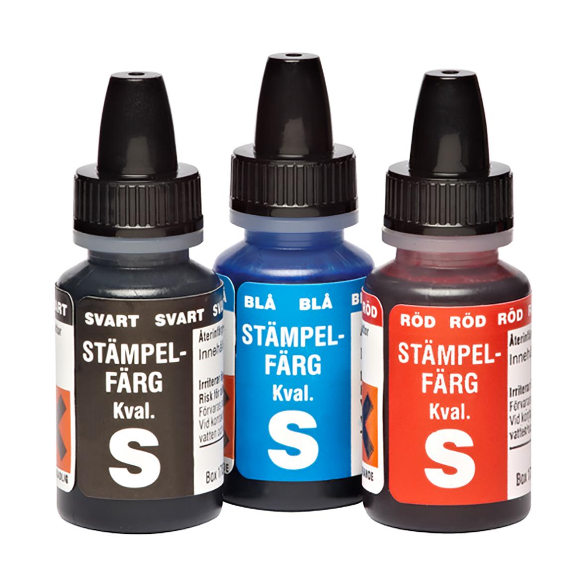 Tre stämpelfärgburkar i svart, blå och röd färg med svarta lock
