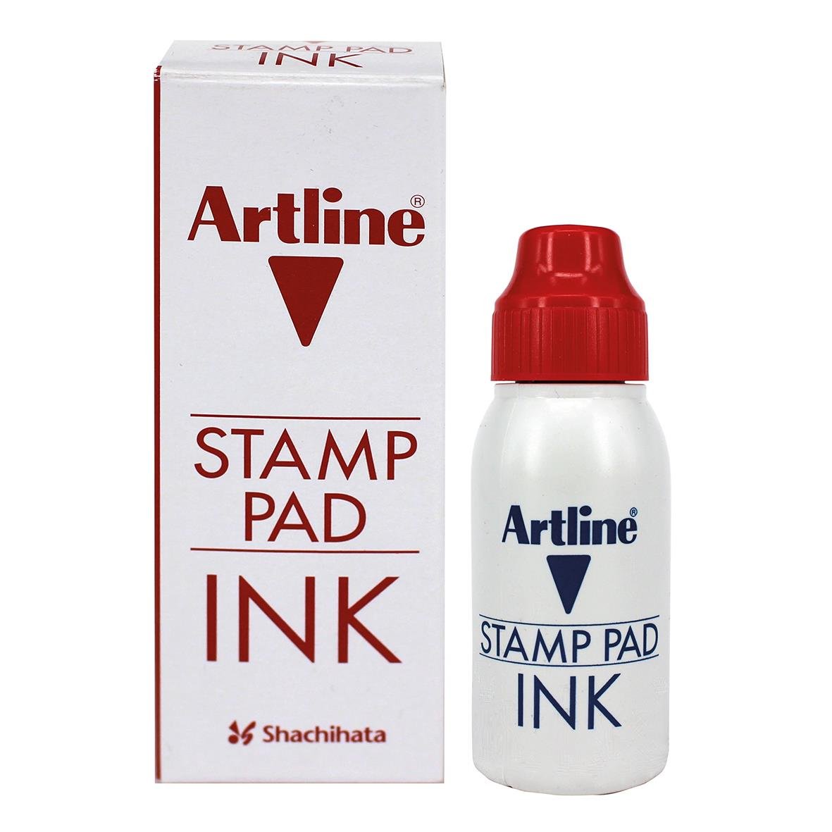 Röd stämpelfärg Artline i förpackning och flaska