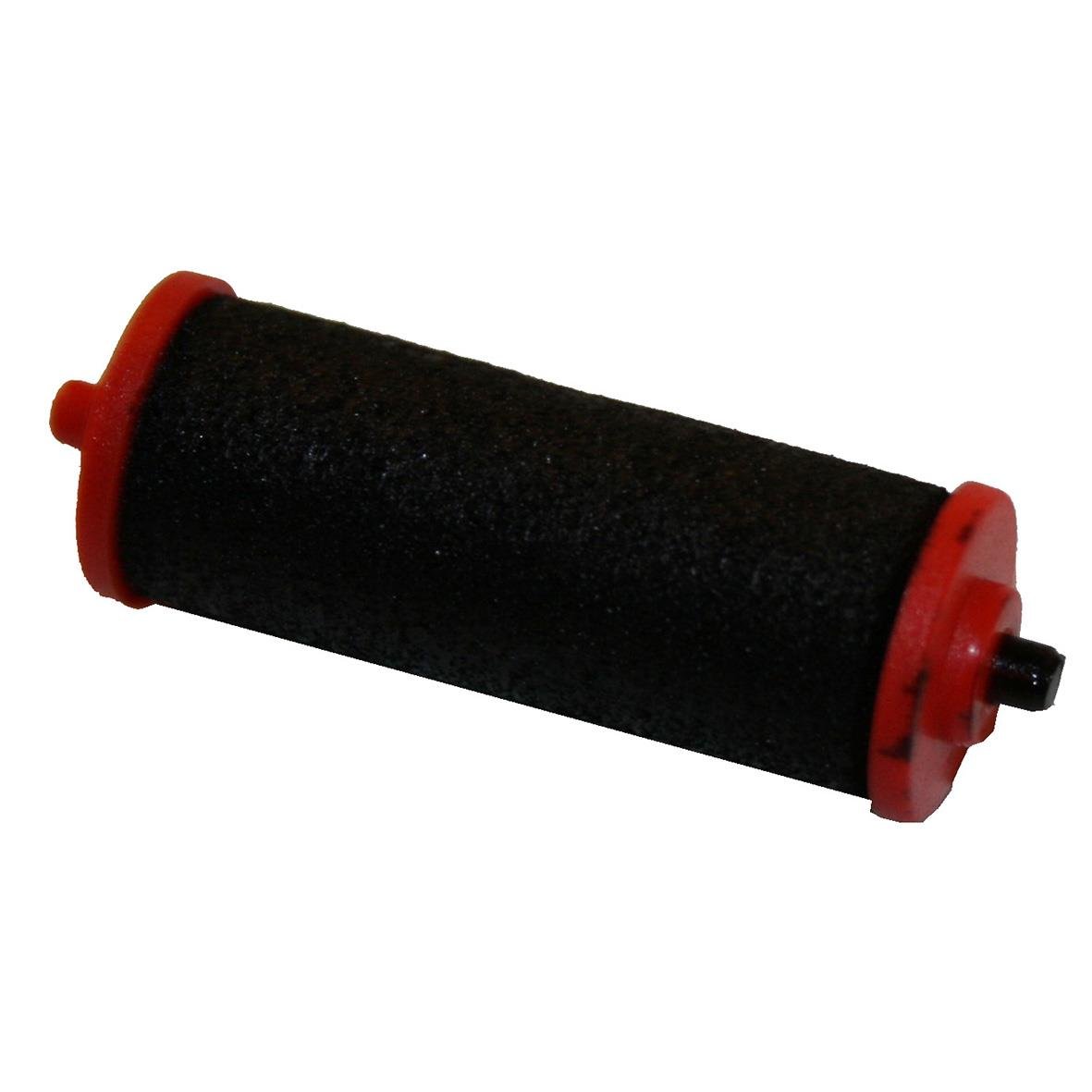 Svart färgrulle med röda ändar och liten svart knopp