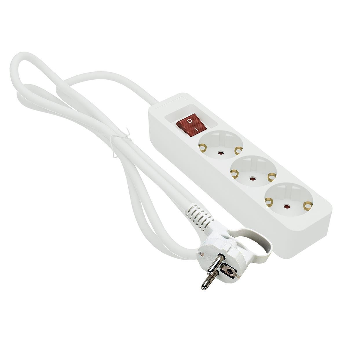 Vit grenuttag med tre vägguttag, jordad, strömbrytare och 1 meter kabel