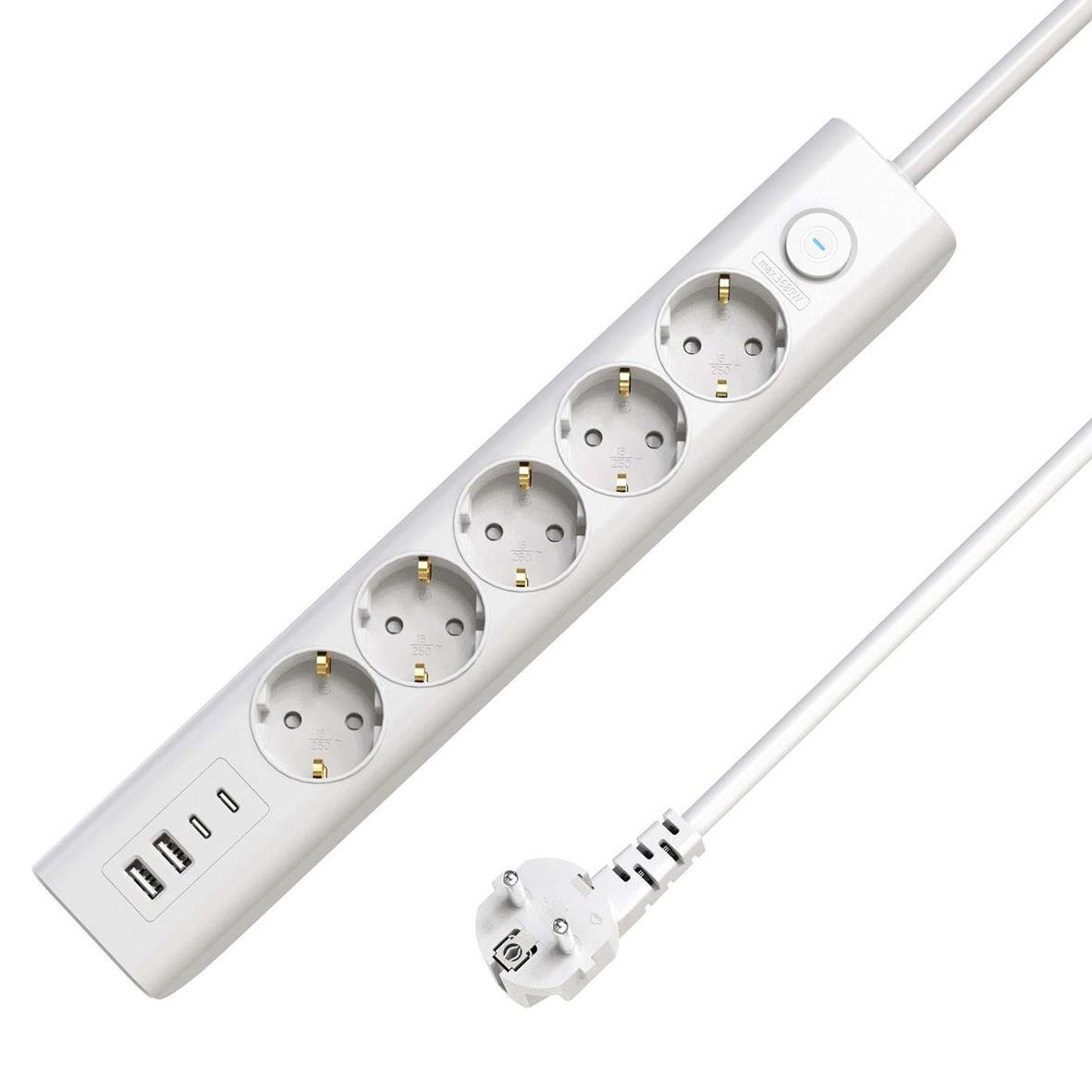 Grenuttag med 5 vägguttag, 2 USB-A, 2 USB-C, jordad, strömbrytare och 1,5m kabel
