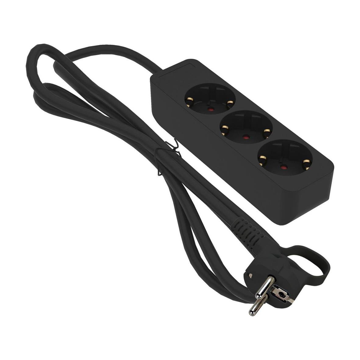 Svart 3-vägs grenuttag med jordad kontakt och 1 meters kabel