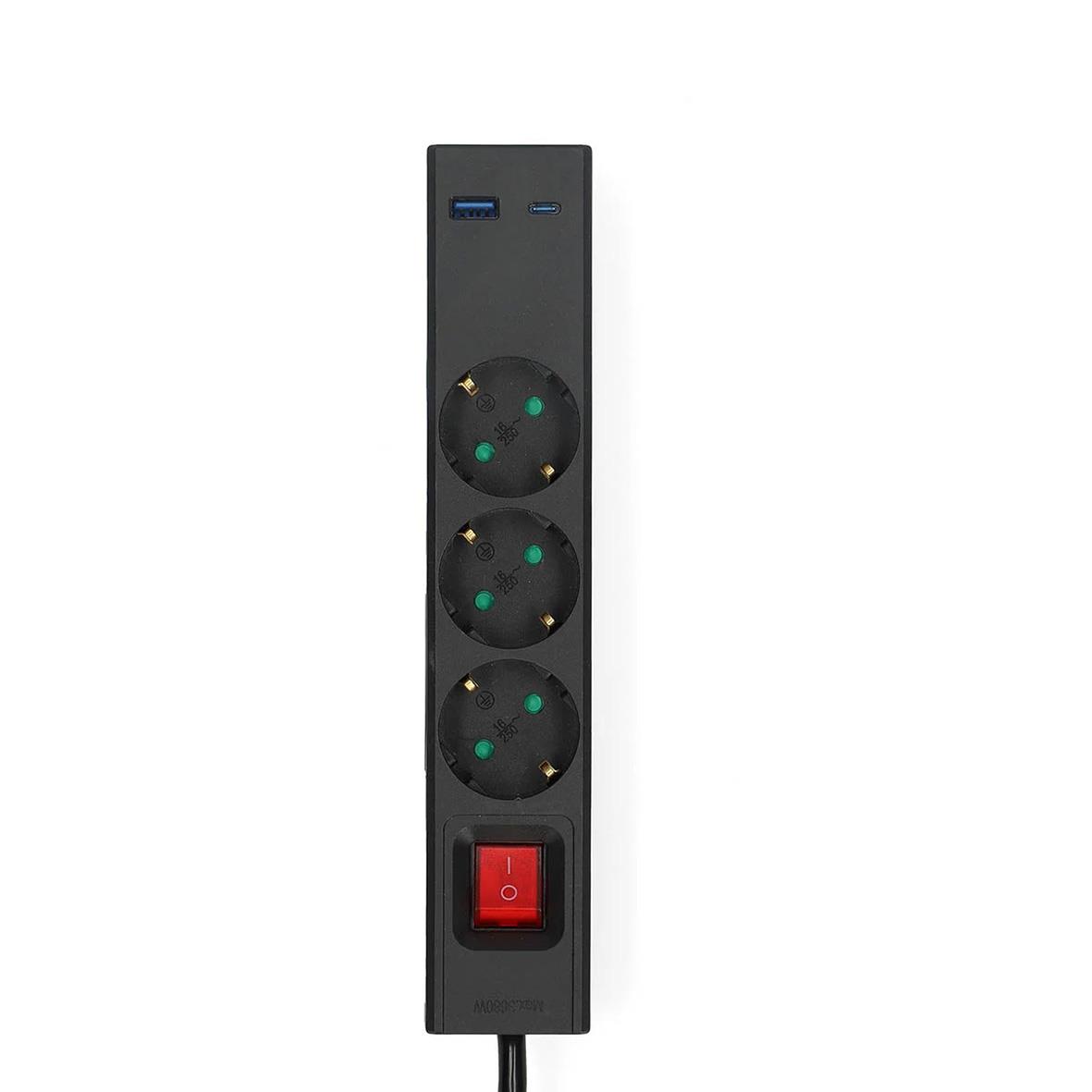Svart grenuttag med tre vägguttag, USB-A/USB-C, jordad, strömbrytare och 1,5m kabel