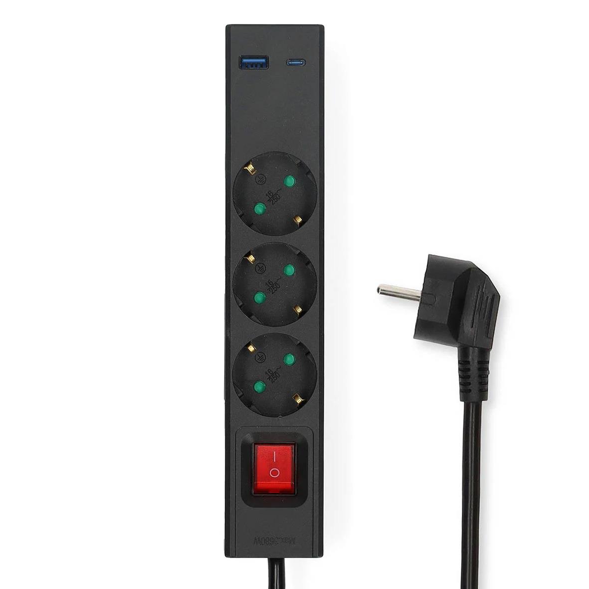 Svart grenuttag med tre vägguttag, USB-A och USB-C, jordad, strömbrytare och 1,5m kabel