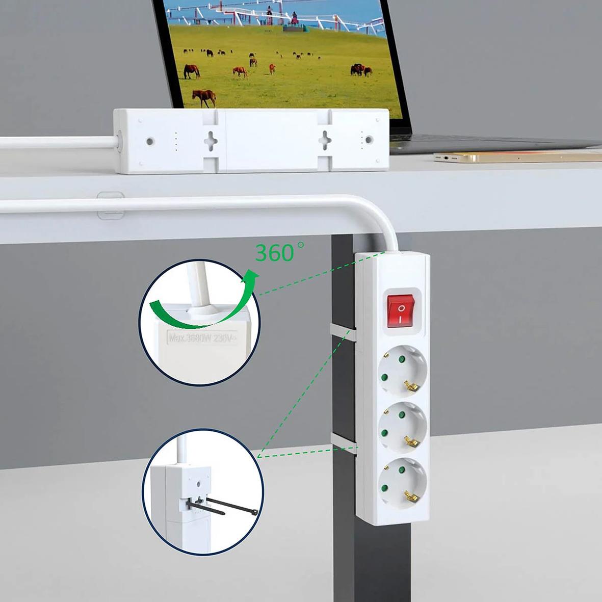 Grenuttag med 3-vägs USB-A/USB-C, jordad, svart, 1,5m kabel, med strömbrytare och roterande funktion