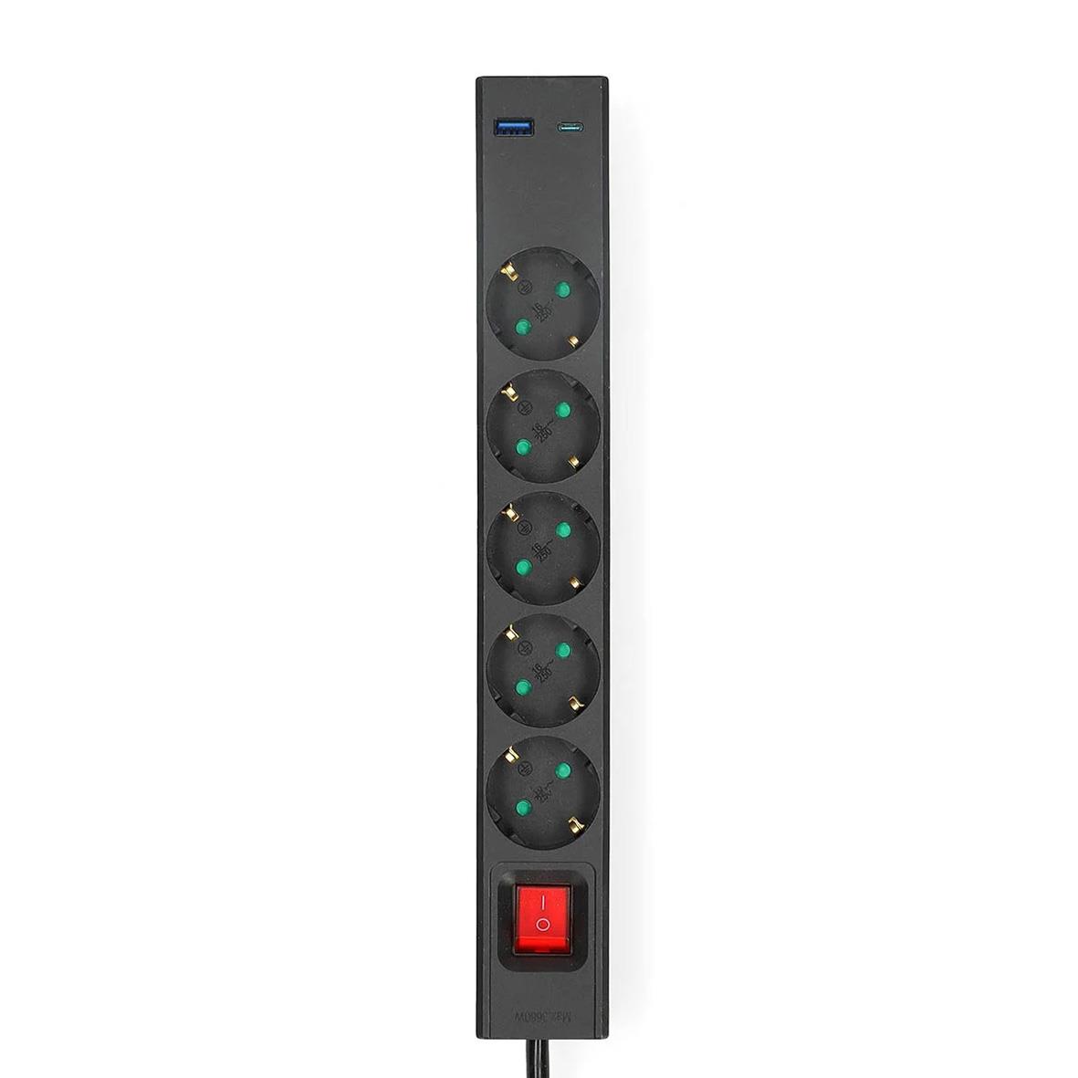 Svart grenuttag med 5 vägguttag, USB-A/USB-C, jordad, strömbrytare och 1,5m kabel