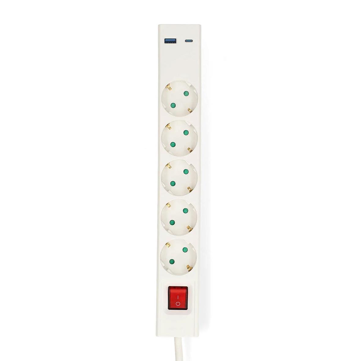 Vit grenuttag med 5 vägguttag, USB-A/USB-C, jordad, strömbrytare och 1,5m kabel