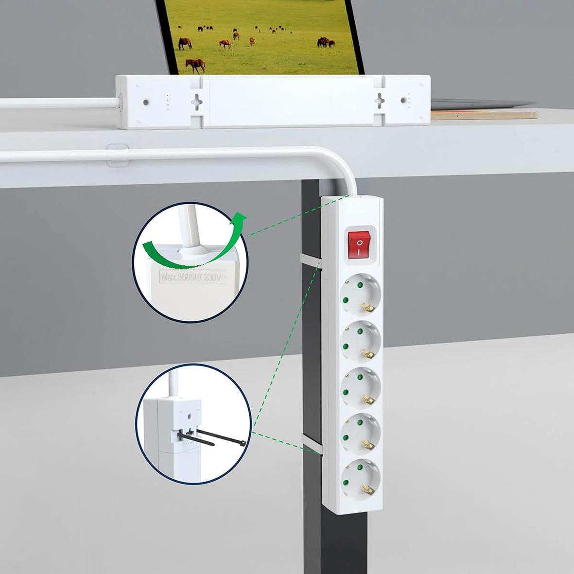 Grenuttag med 5 vägguttag, USB-A/USB-C, jordad, strömbrytare, vit, 1,5m kabel