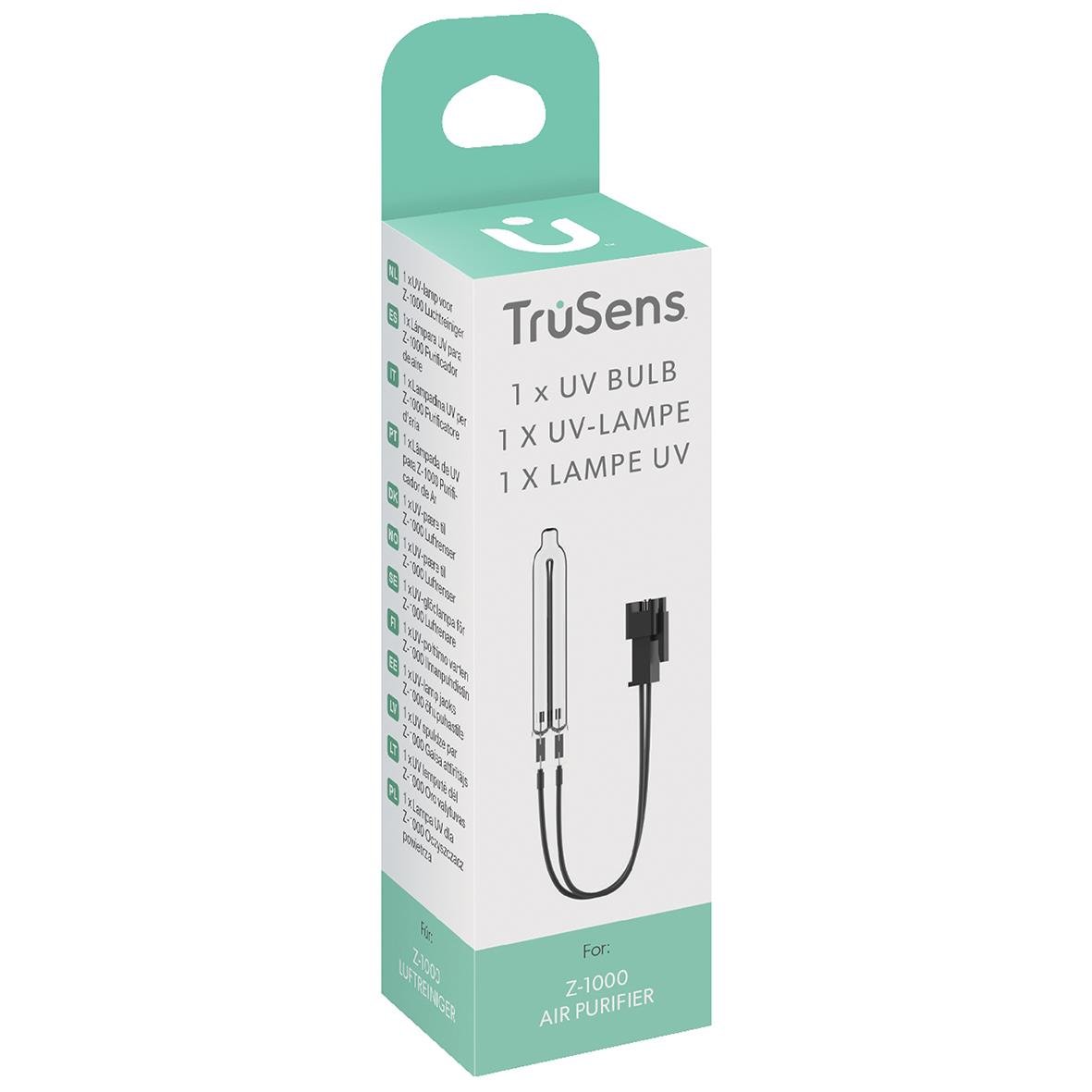 UVC-lampa för luftrenare Z-1000 från TruSens, visas i förpackning med svart kabel och UV-lampa