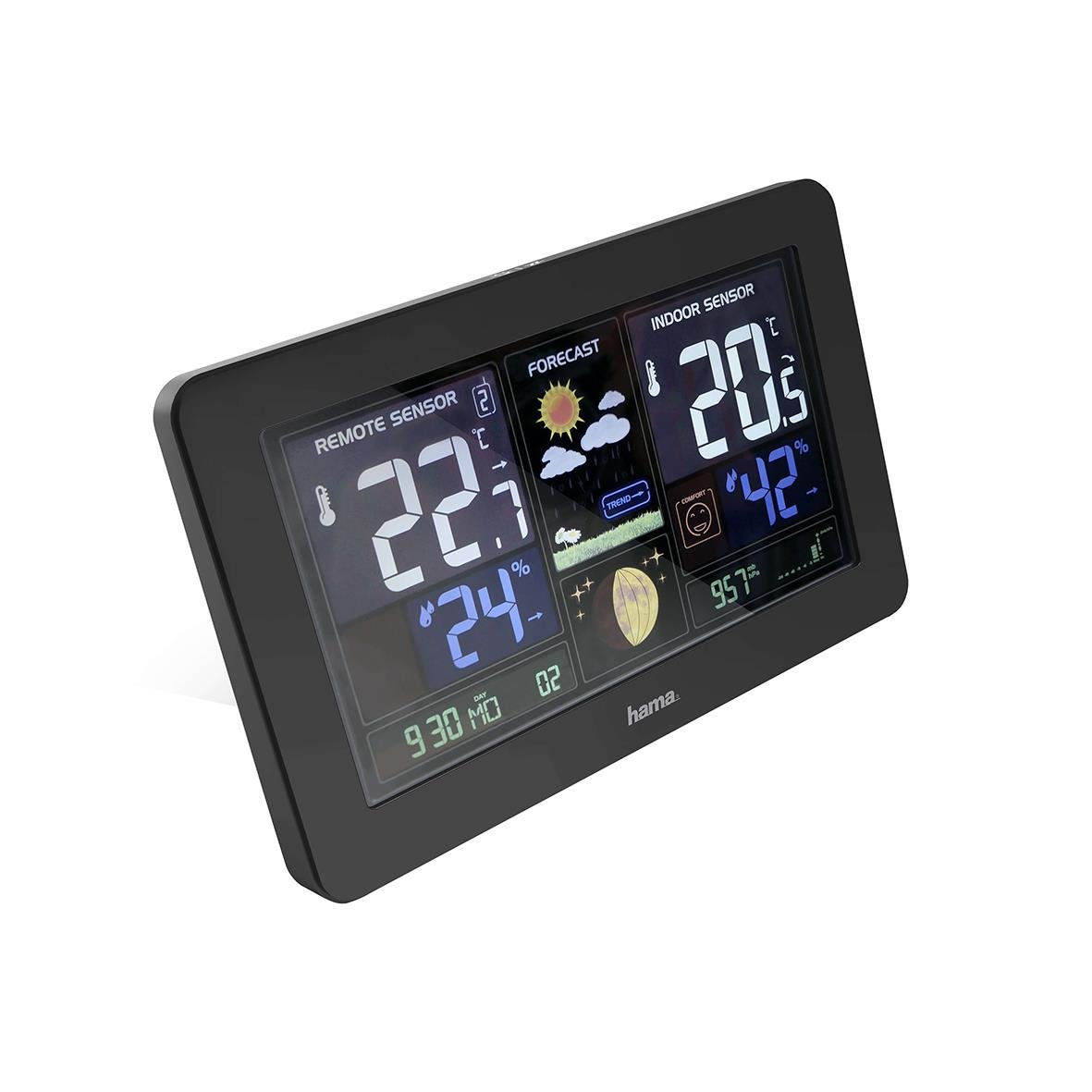 Väderstation Hama Premium med digital display som visar temperatur, väderprognos och tid
