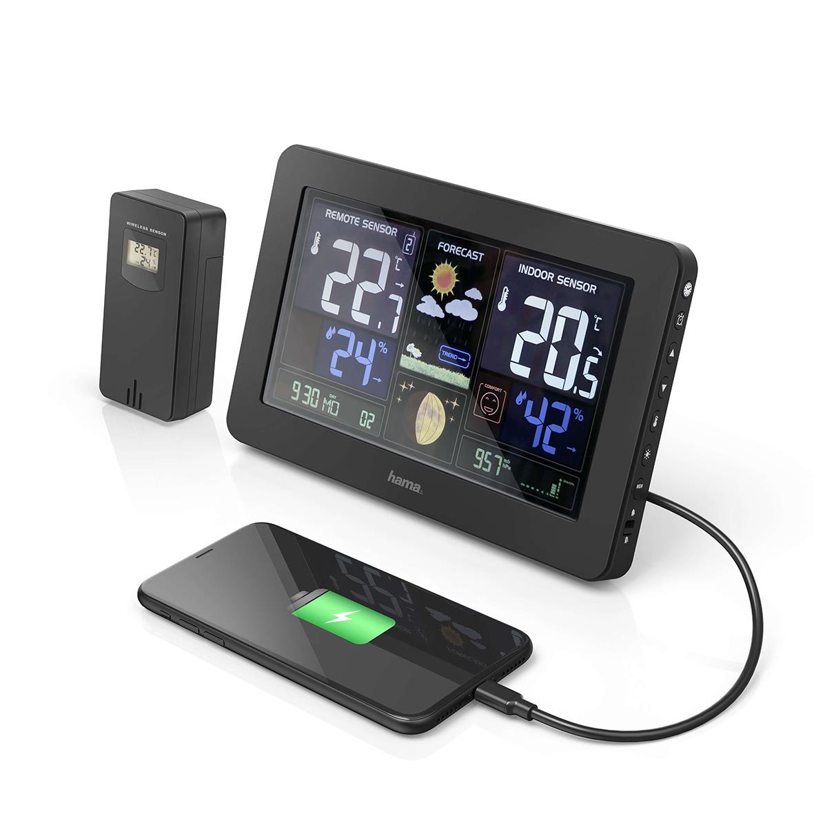 Väderstation Hama Premium med skärm som visar temperatur, väderprognos och fuktighet, ansluten till en smartphone och en sensor