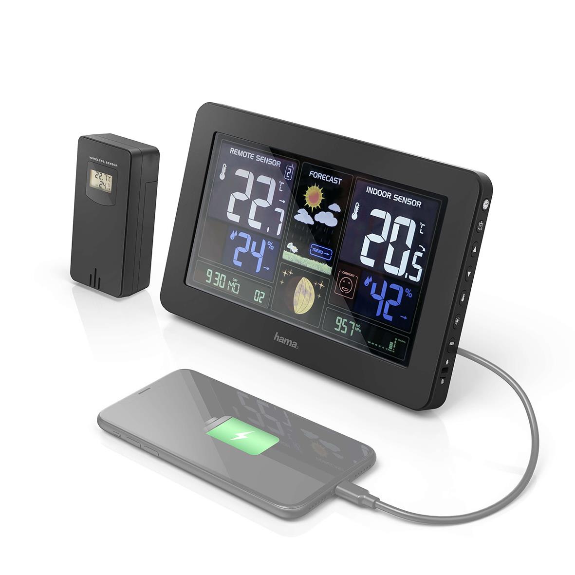 Väderstation Hama Premium med digital display, fjärrsensor och trådlös laddning
