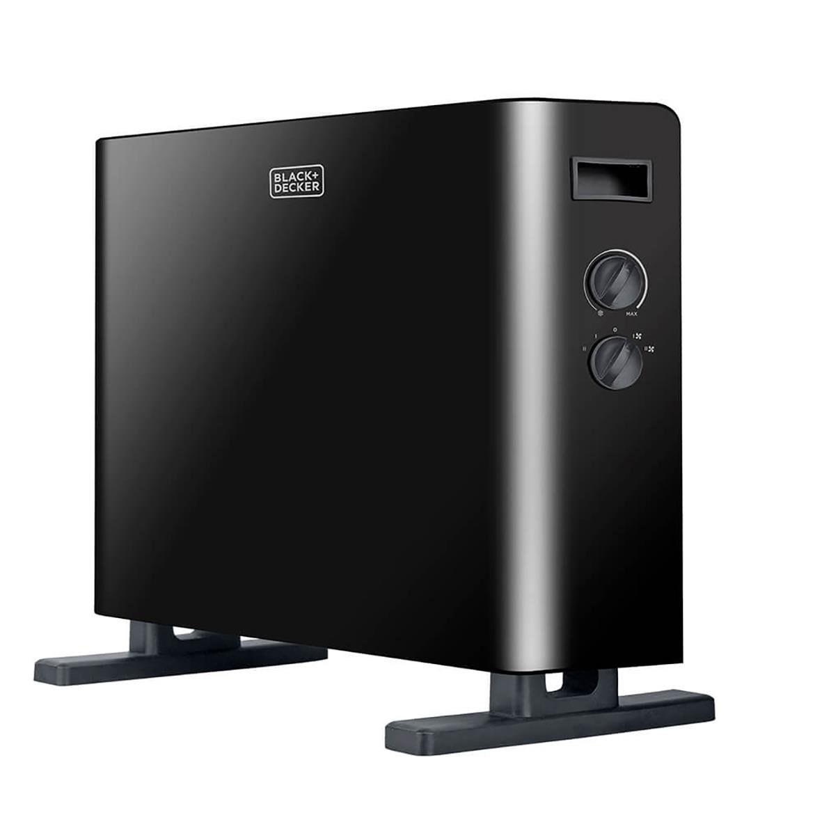 Svart Black+Decker konvektorelement med två justerbara rattar och digital display