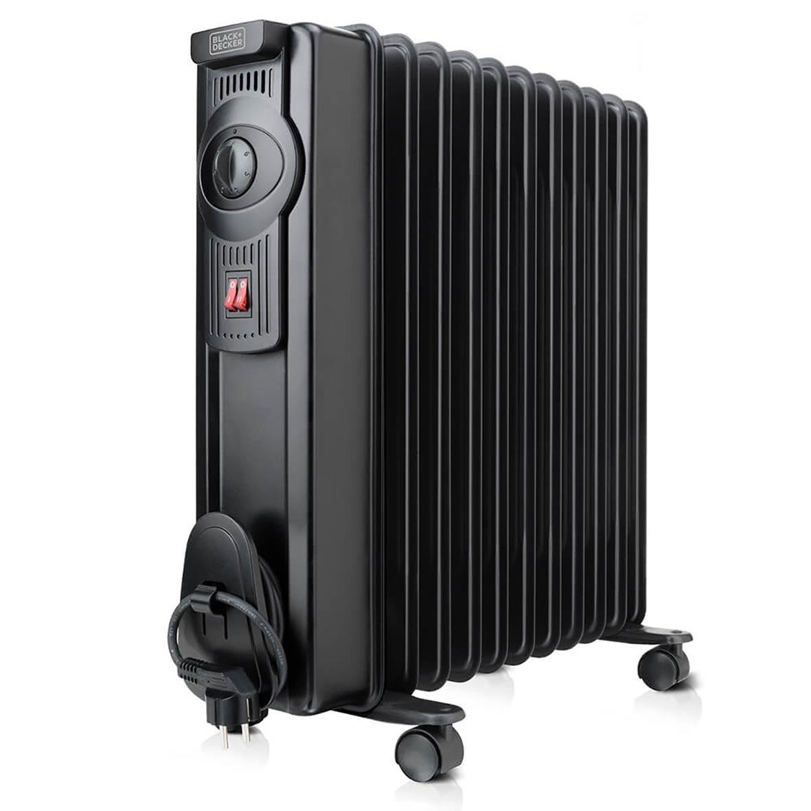 Svart Element Black+Decker 1500W oljefyllt radiator med hjul