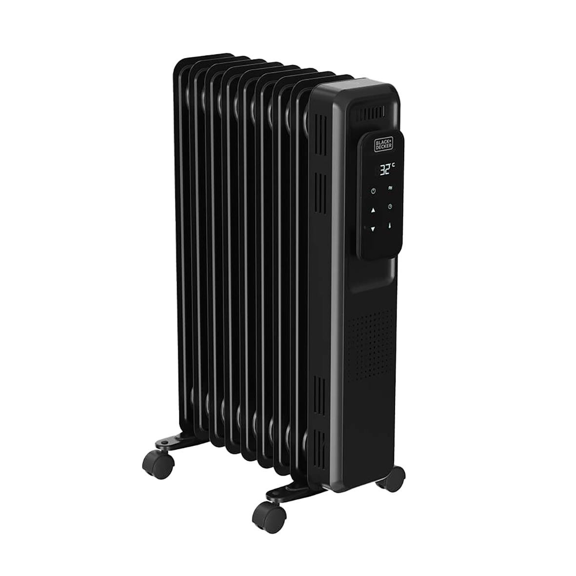 Svart Element Black+Decker 200W oljefyllt digital radiator med hjul