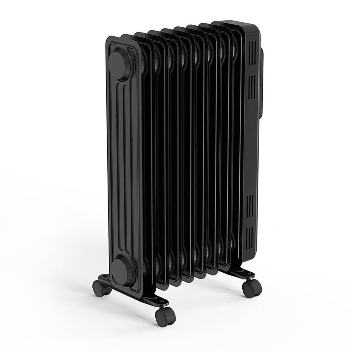 Svart oljefylld digital radiator med hjul och 200W effekt