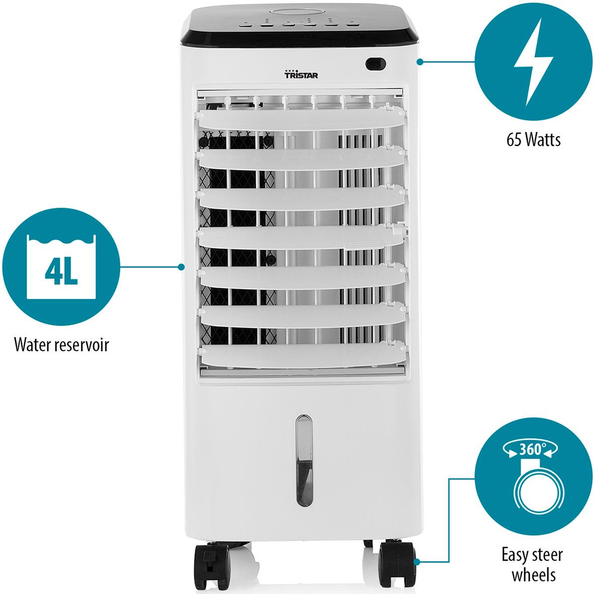 Luftkylare Tristar AT-5446n med 4L vattentank, 65W effekt och 360° roterbara hjul