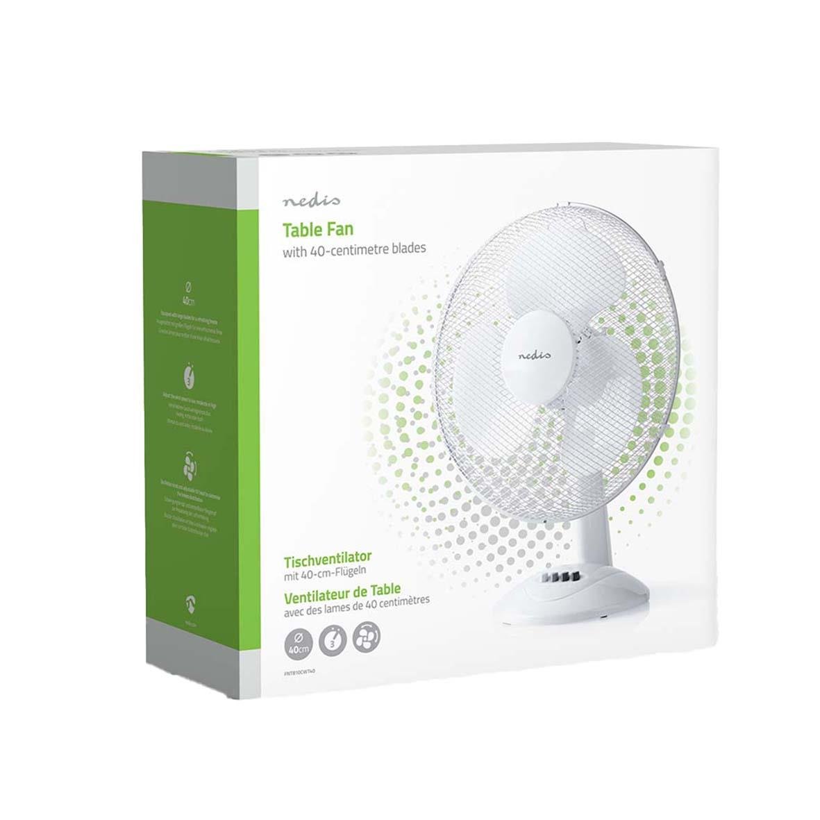 Vit bordsfläkt Nedis 40cm med 45W motor och trebladig design i förpackning