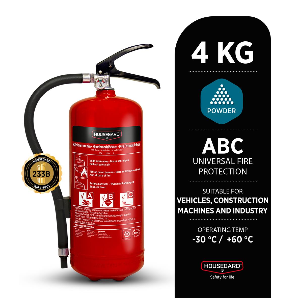 Röd brandsläckare Housegard Pulver 4kg med handtag och tryckmätare