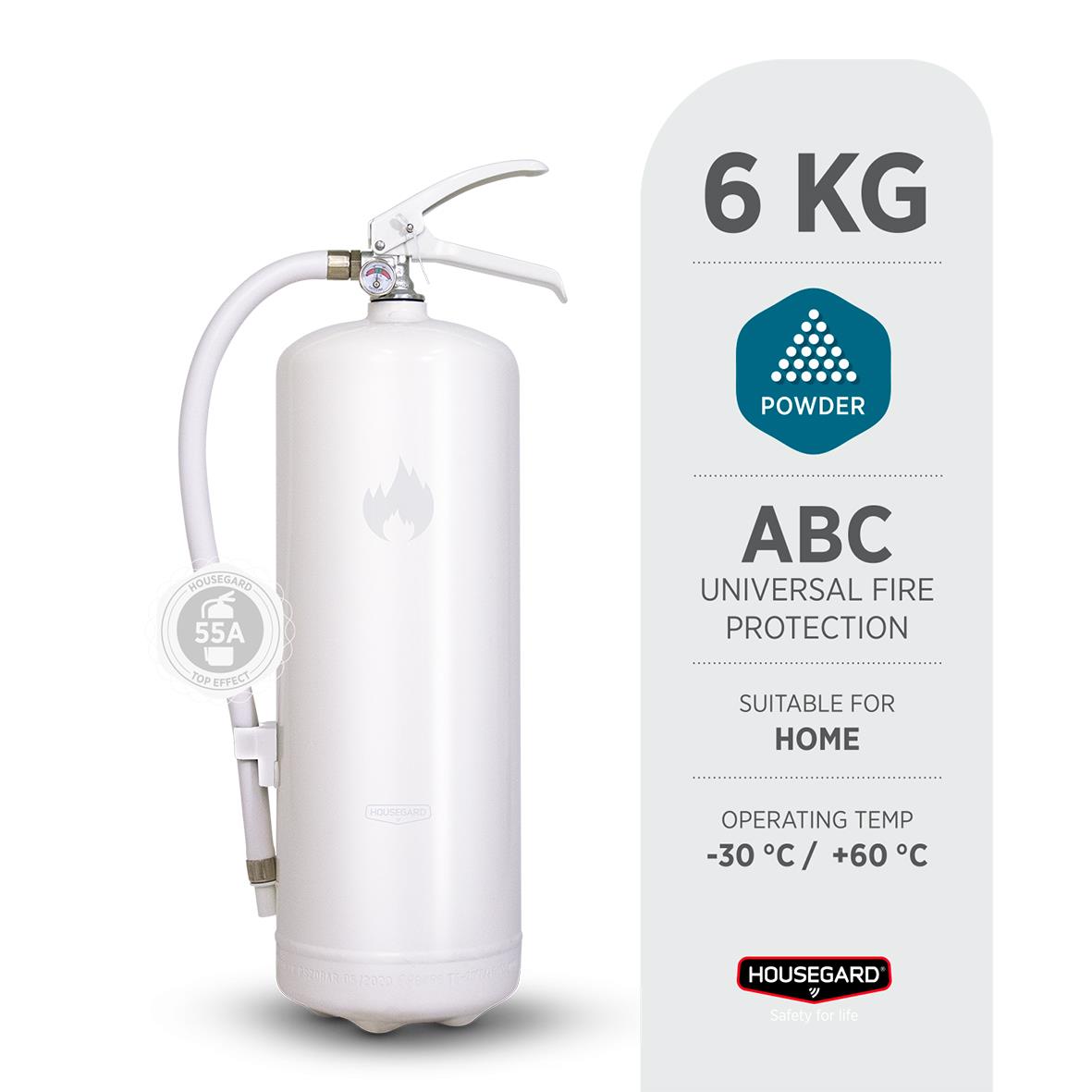 Vit brandsläckare Housegard Pulver 6kg med slang och tryckmätare