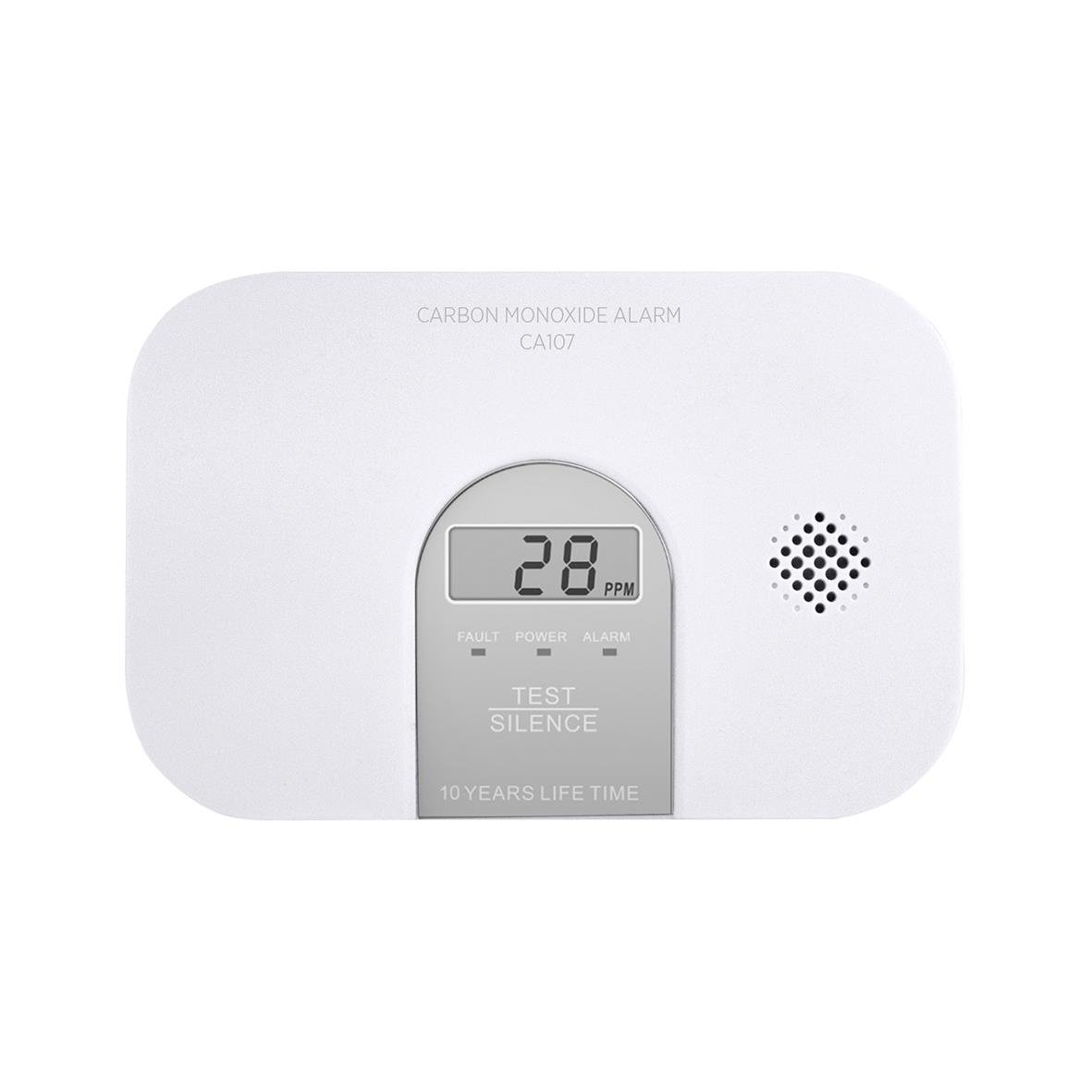 Kolmonoxidlarm Housegard CA107 med LCD-skärm som visar 28 ppm och testknapp