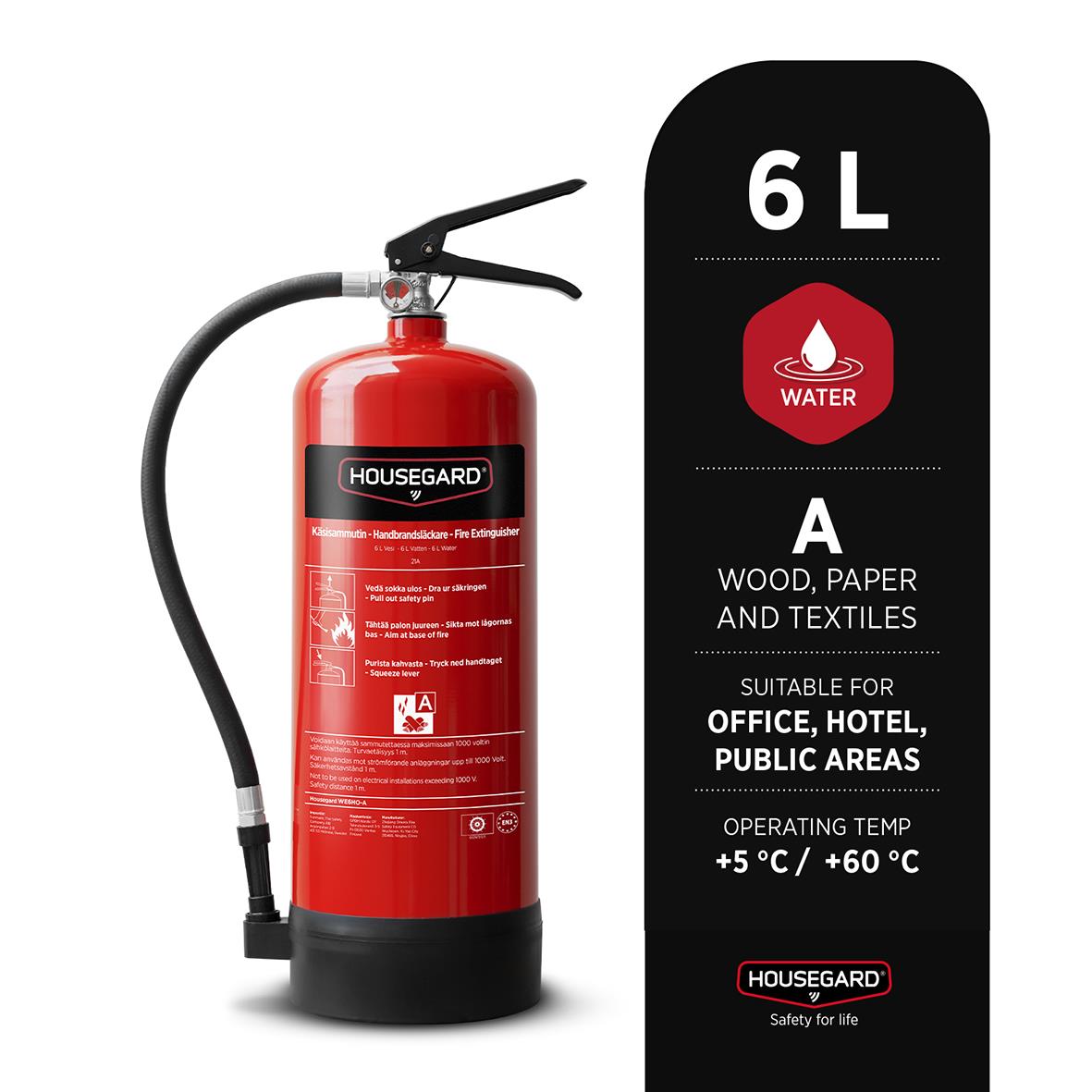 Röd brandsläckare Housegard Vattensläckare 6L för brandklasser A