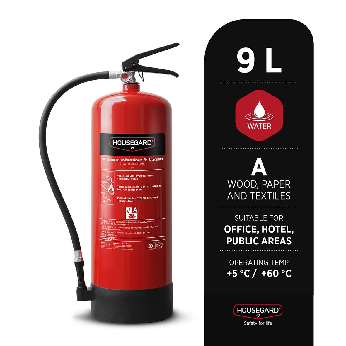 Röd brandsläckare Housegard Vattensläckare 27A 9L för brandbekämpning