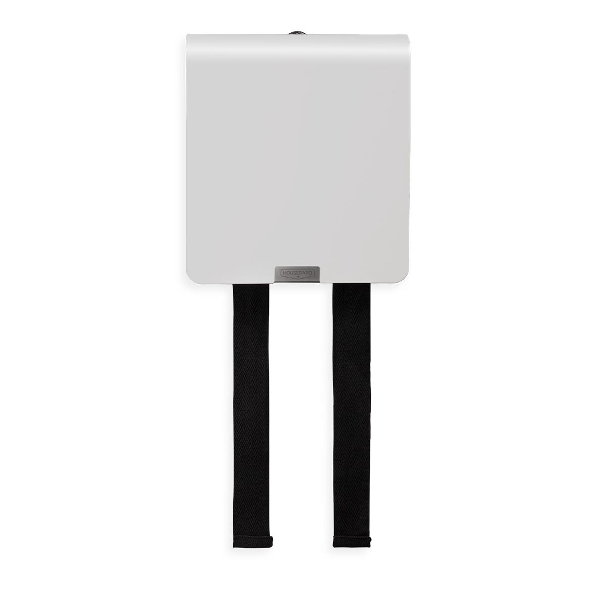 Vit brandfilt Housegard Mantle med metallhölje och svart bärrem, storlek 120x120cm