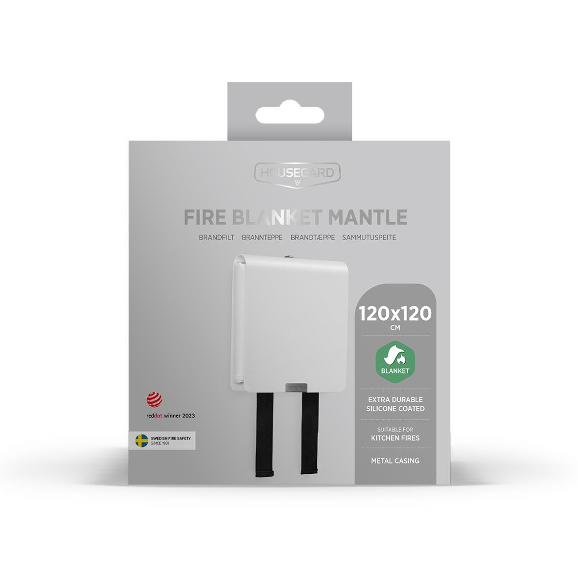 Vit brandfilt i metallhölje 120x120cm från Housegard