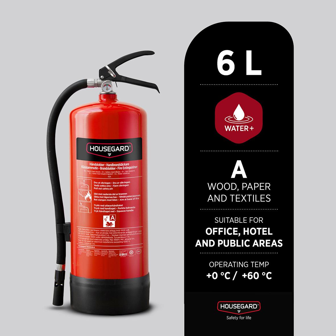 Röd brandsläckare Housegard Vatten PFAS-fri 43A 6L för kontor, hotell och offentliga platser