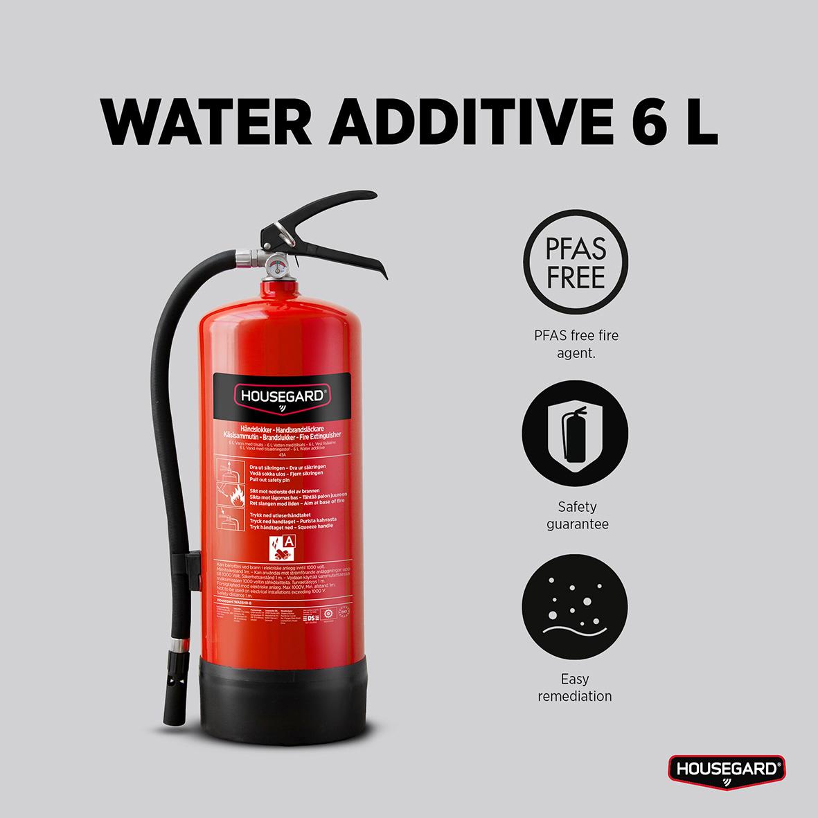 Röd brandsläckare Housegard vatten PFAS-fri 6L med handtag och tryckknapp, PFAS-fri agent, säkerhetsgaranti och lätt att använda