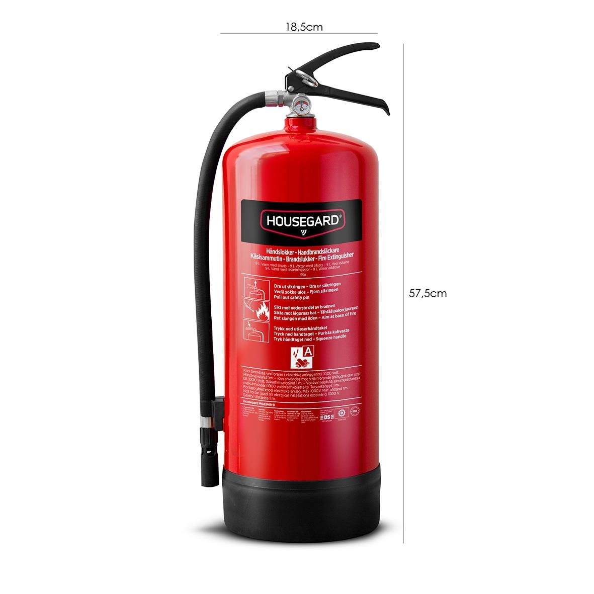 Röd brandsläckare Housegard Vatten PFAS-fri 55A 9L med handtag och slang